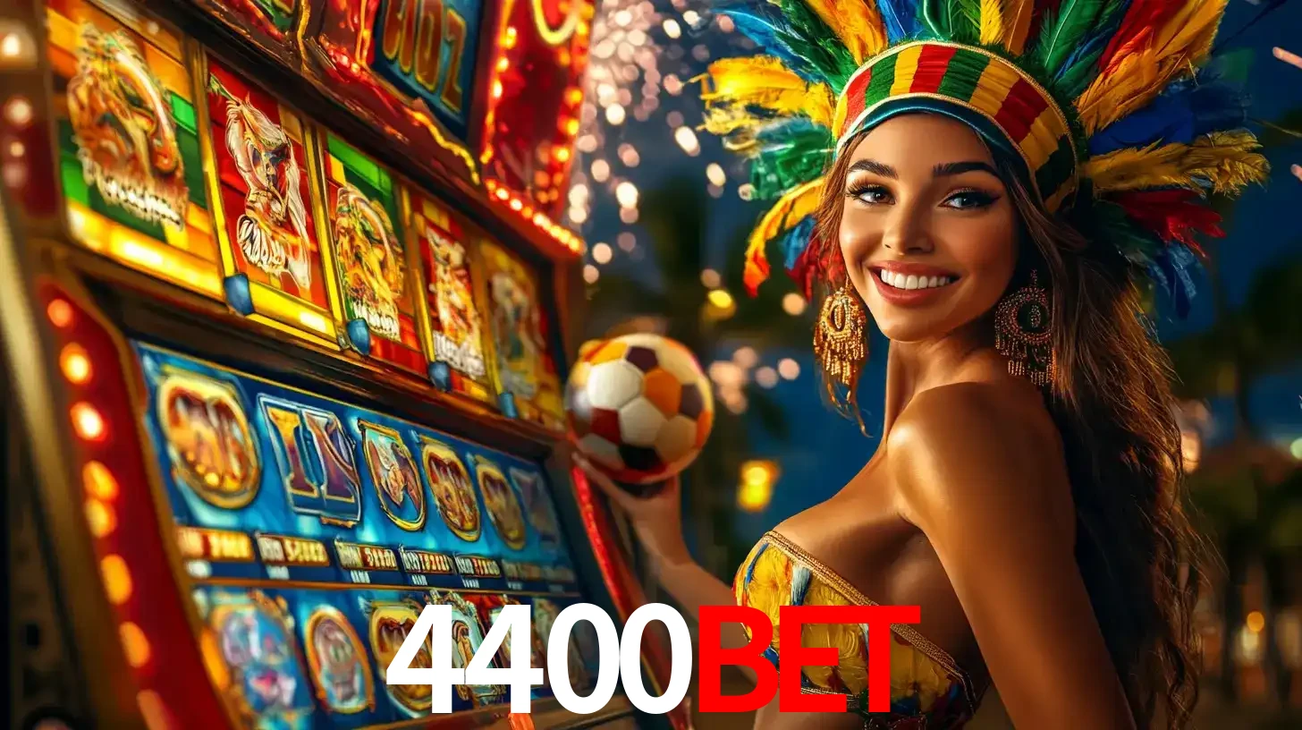 Mulher com um cocar de carnaval ao lado de uma máquina de caça-níqueis enquanto segura uma bola de futebol, mostrando a união da diversão de cassino e esportes no 4400BET.