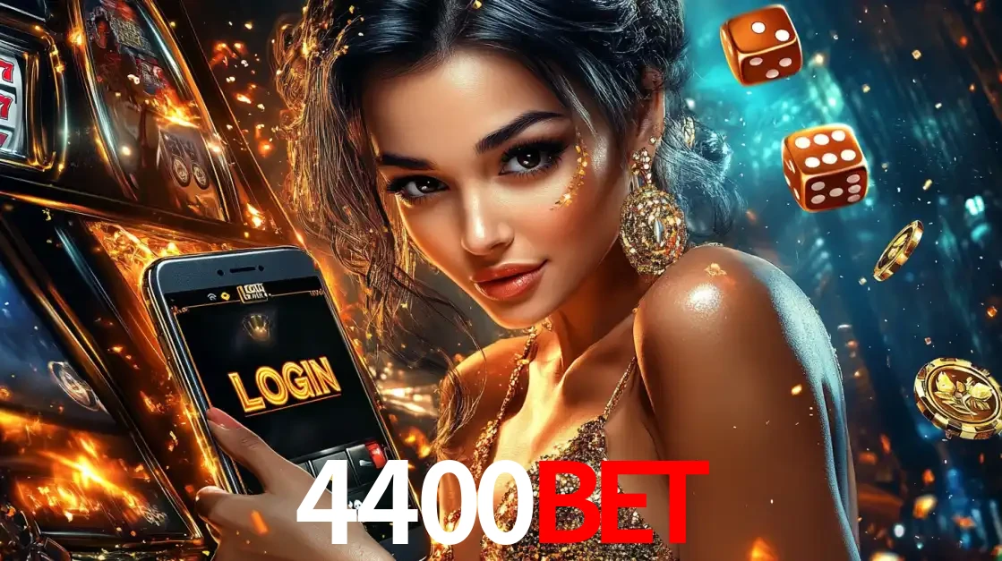 Mulher glamourosa segurando um celular com a tela de login do cassino 4400BET, rodeada por dados e moedas douradas, pronta para começar a diversão.