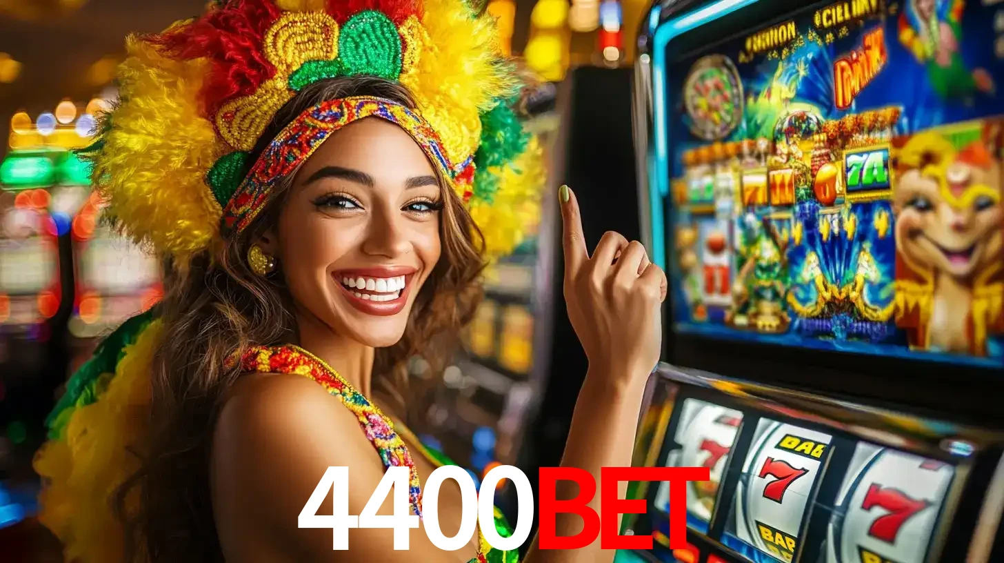 Mulher animada com um cocar de carnaval apontando para uma máquina de caça-níqueis, mostrando a emoção de ganhar um grande prêmio nos jogos do 4400BET.