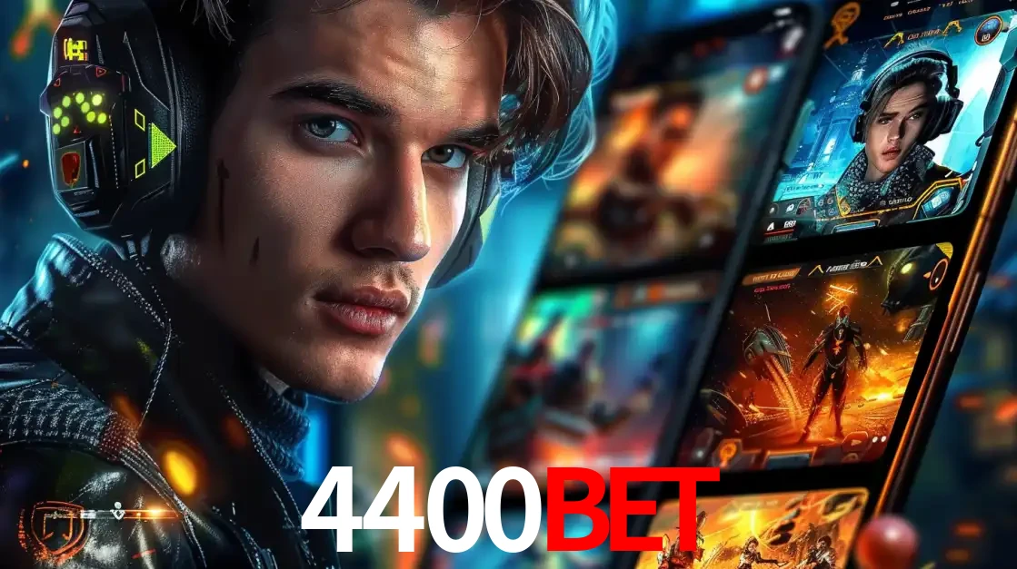 Jovem jogador com fones de ouvido olhando para a câmera, com um aplicativo de jogos e e-sports para celular ao fundo, pronto para a competição e apostas no 4400BET.