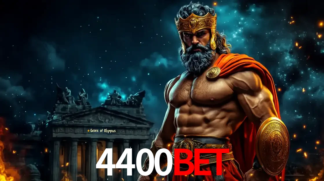 O poderoso Zeus do jogo de slot Gates of Olympus em frente ao seu templo, pronto para lançar multiplicadores divinos e prêmios épicos no cassino online 4400BET.