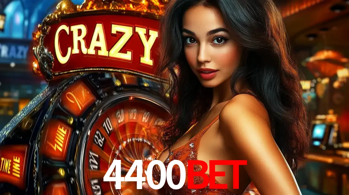 Mulher glamourosa olhando para a câmera com a roda vermelha do Crazy Time ao fundo em um ambiente de cassino, destacando a emoção dos jogos ao vivo no 4400BET.