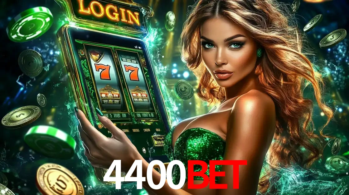 Mulher com tema verde apresentando o aplicativo do cassino 4400BET com um jogo de slot de 777, cercada por fichas de cassino e uma aura de sorte.