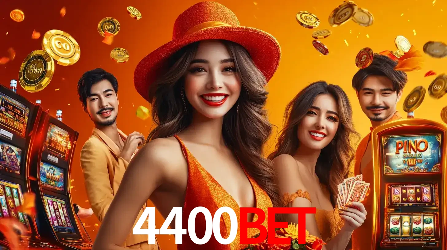 Grupo de amigos asiáticos sorrindo e se divertindo com máquinas de caça-níqueis em um ambiente festivo, celebrando suas vitórias nos jogos de cassino do 4400BET.