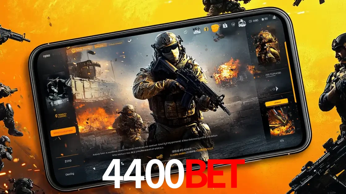 Um smartphone exibindo a interface de um jogo de tiro em primeira pessoa, com um soldado em um cenário de batalha, representando a ação dos e-sports para apostar no 4400BET.