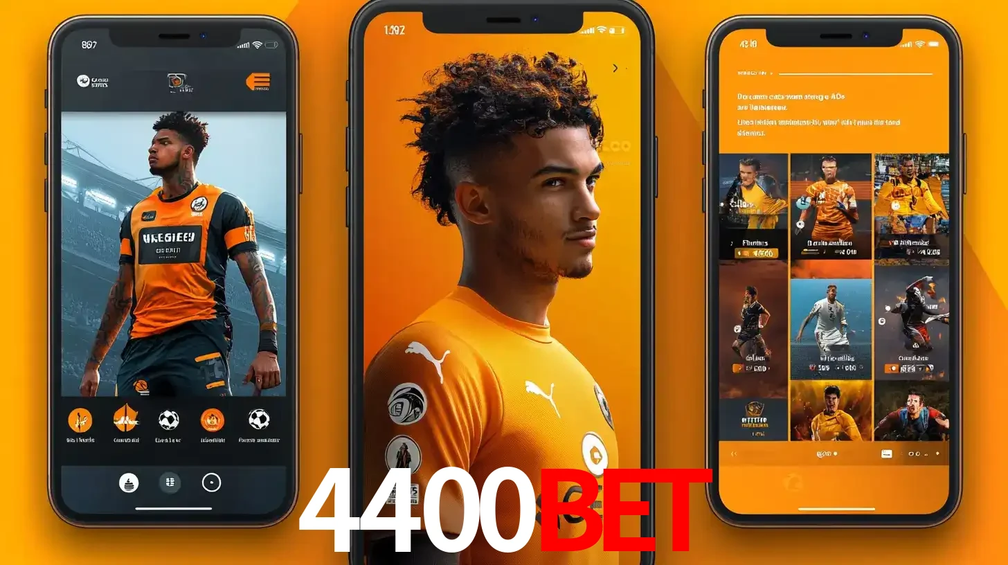 Interface do aplicativo de apostas esportivas 4400BET em três telas de celular, mostrando o perfil de um jogador de futebol e a lista de jogos disponíveis para apostar.