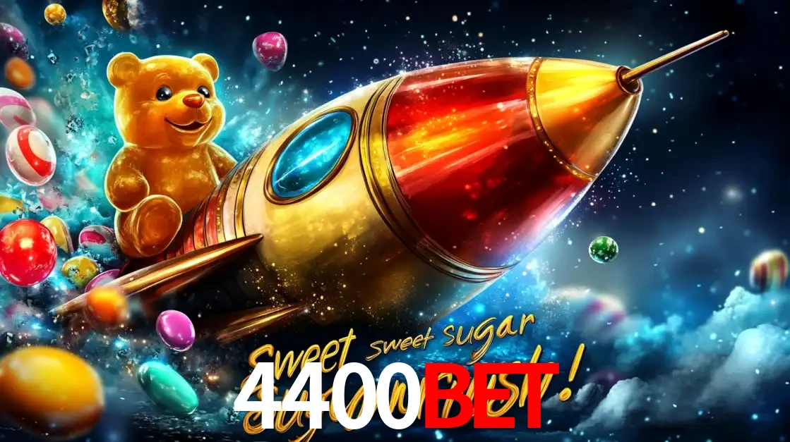 Arte promocional do jogo de slot Sugar Rush, com um urso de pelúcia em um foguete viajando pelo espaço de doces, um dos jogos divertidos disponíveis no cassino 4400BET.