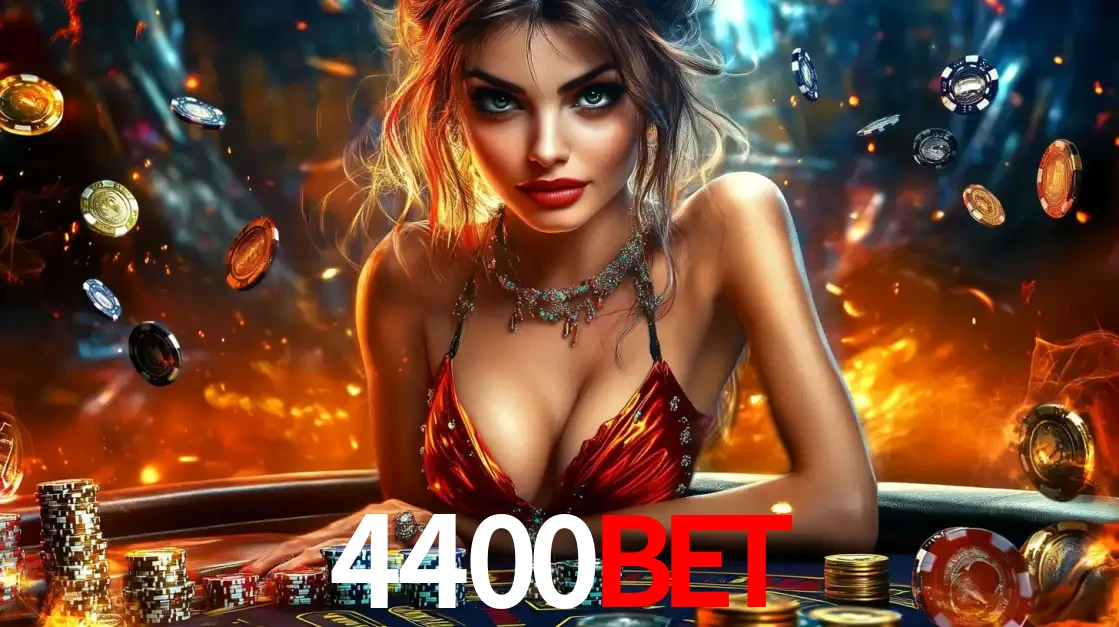 Mulher em uma mesa de cassino com pilhas de fichas e um fundo de fogo, pronta para uma rodada de altas apostas nos jogos de mesa emocionantes do cassino 4400BET.