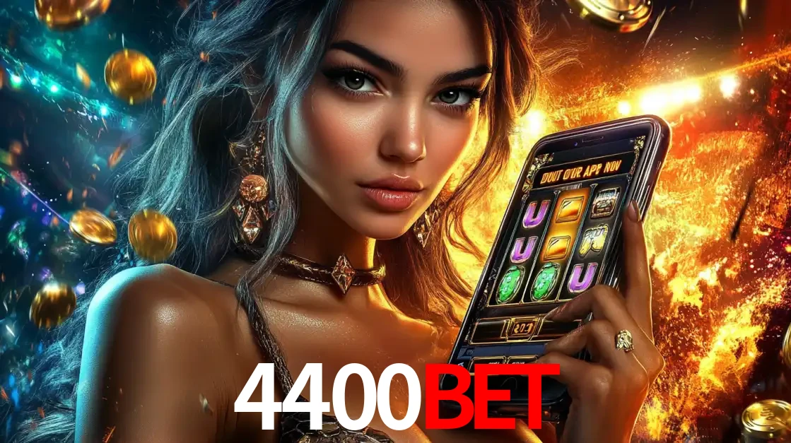 Mulher elegante mostrando um jogo de caça-níqueis em seu smartphone, destacando a experiência de cassino móvel oferecida pelo aplicativo 4400BET.