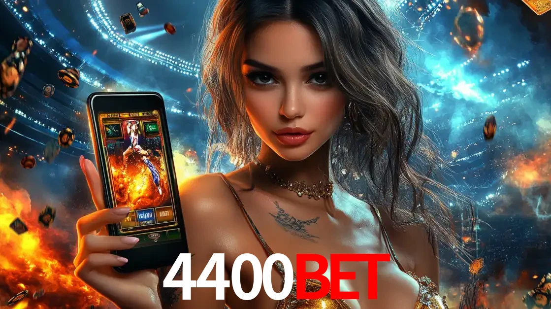 Mulher segurando um celular com um jogo de slot em destaque, tendo como fundo um estádio vibrante, simbolizando a emoção de jogar no cassino móvel 4400BET.